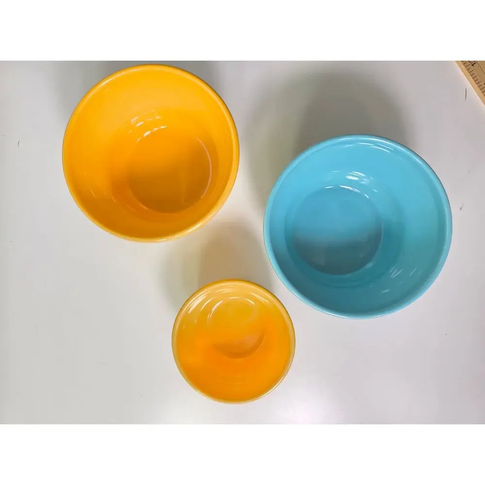 CRATE & BARREL Mustard Blue Small Nesting Earthenware Bowls Portugal Set of 3